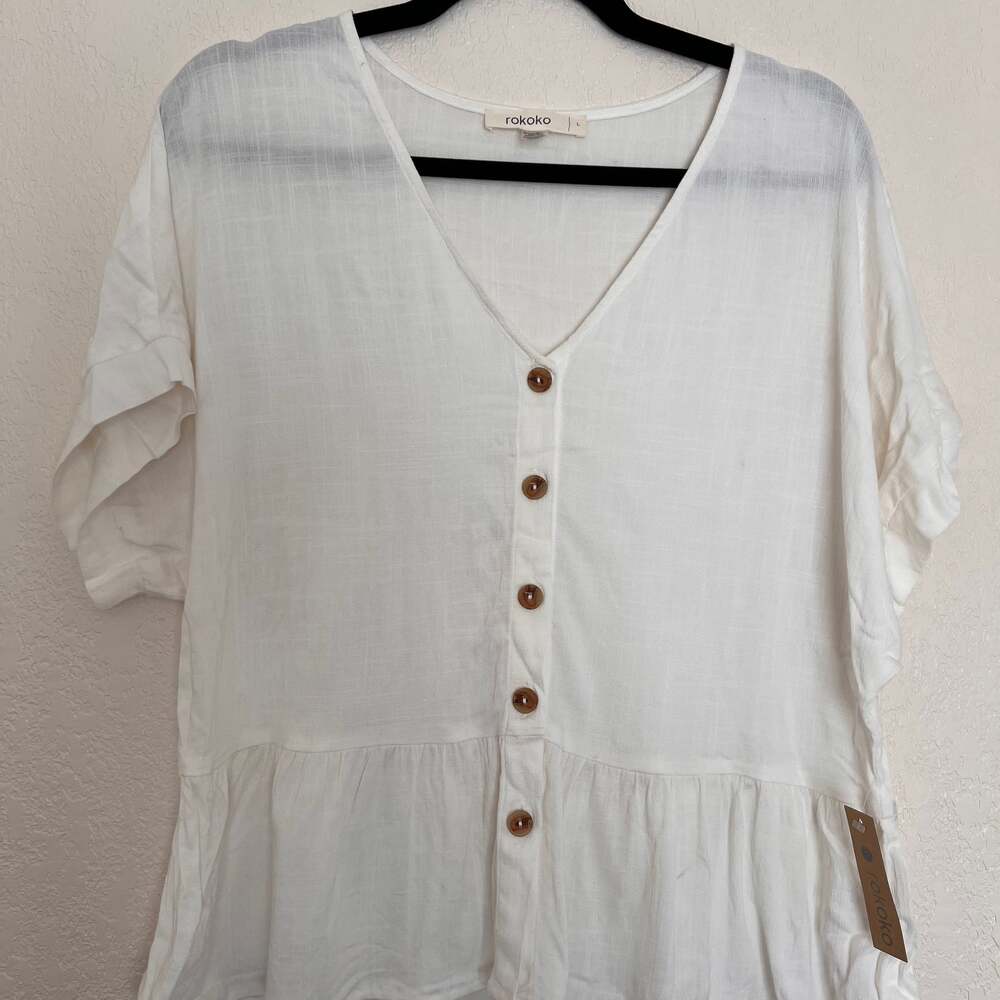 Rokoko Ivory‎ V-Neck Button-Front Peplum Blouse NWT